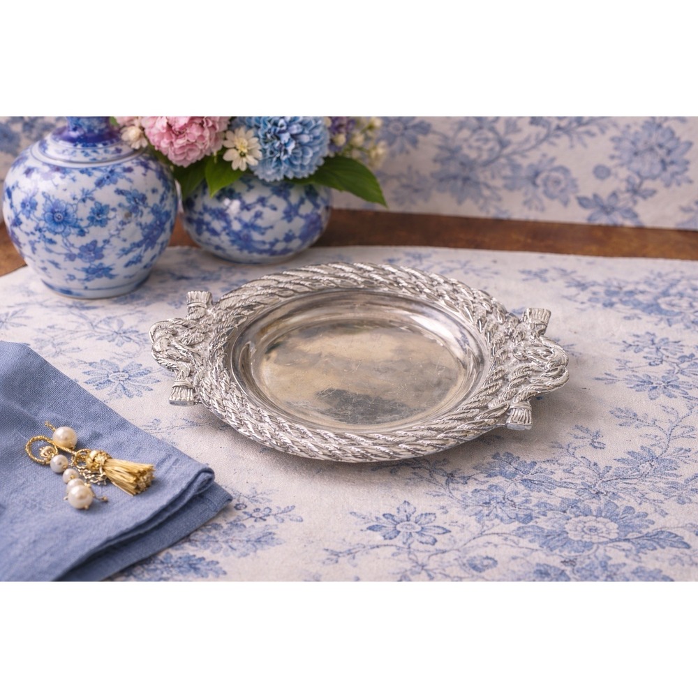 Vintage Pewter Bow Tassel Rope Tray | Nautical Coastal‎ Cottagecore Trinket Dish